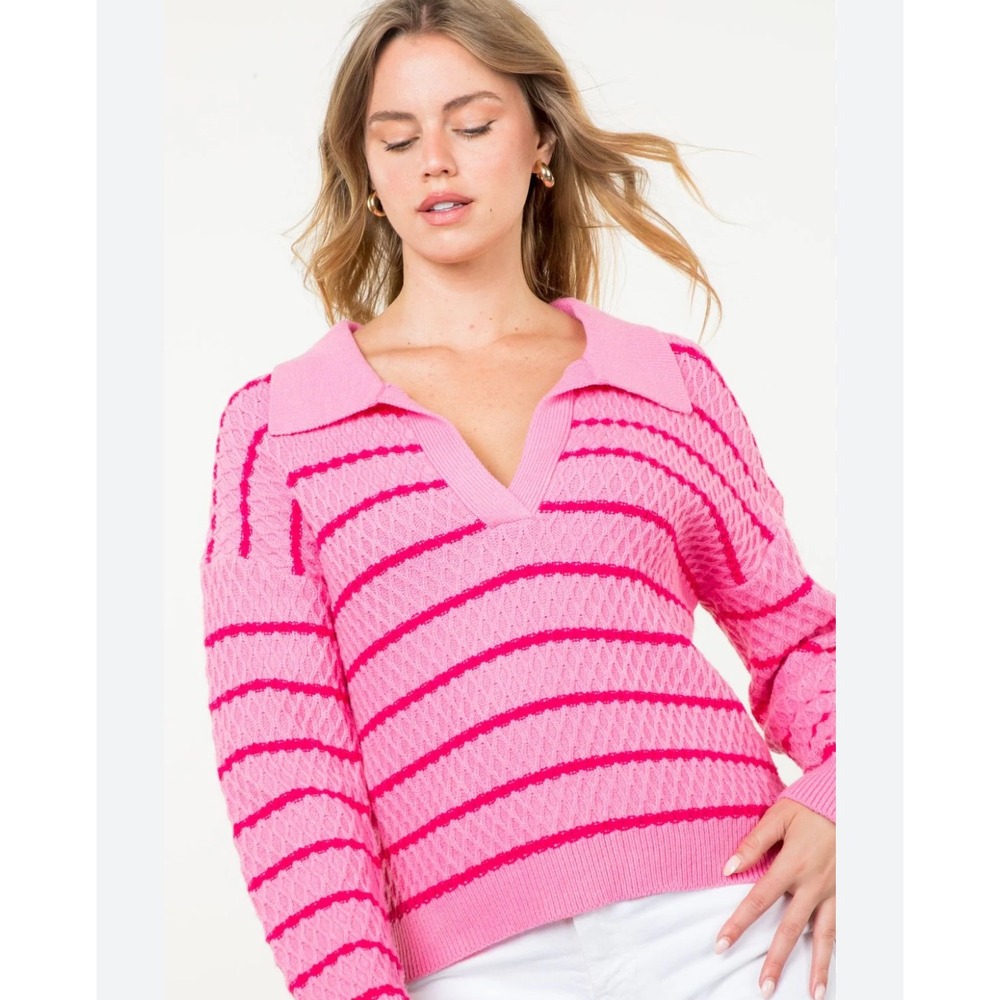 THML Pink Striped Knit Polo Sweater V-Neck Long Sleeves Medium